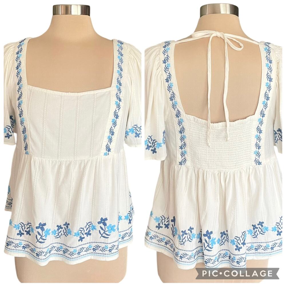 Old Navy Y2K Babydoll Floral Embroidery Top Sz L Boho Peasant Cottagecore Casual